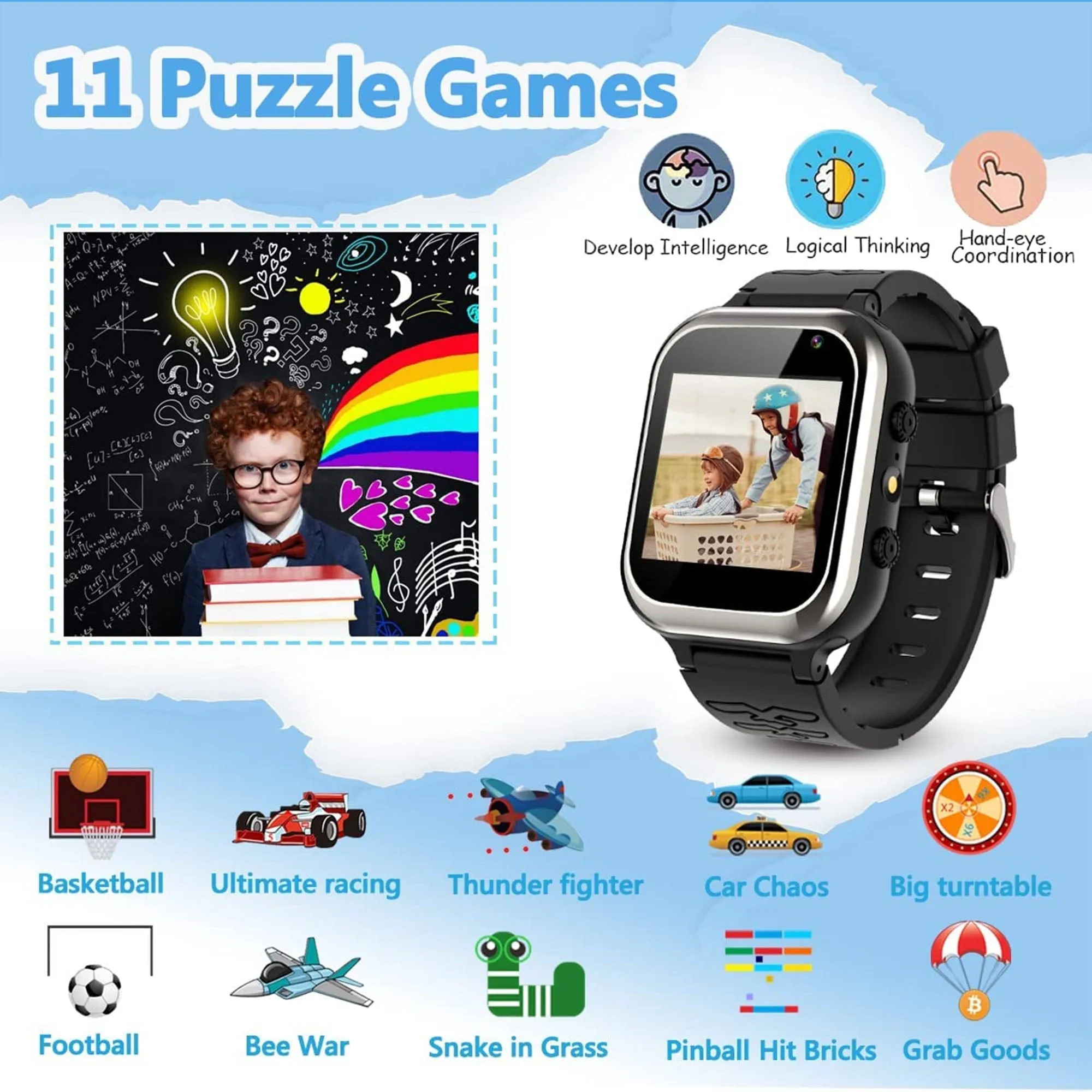 SZBXD Kids Smart Watch with SOS, Smartwatch Kids Phone Watch with 11 Games Pedometer Music Camera, Smart Watch for Kids Boys Girls 4-12 Years,Birthday Gifts for Children(Black)