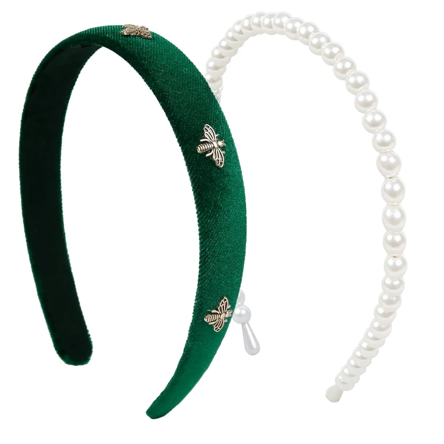TERSE Green Velvet Headband - White Pearl Designer Headband for Women's Fashion & Holiday Hair Accessories