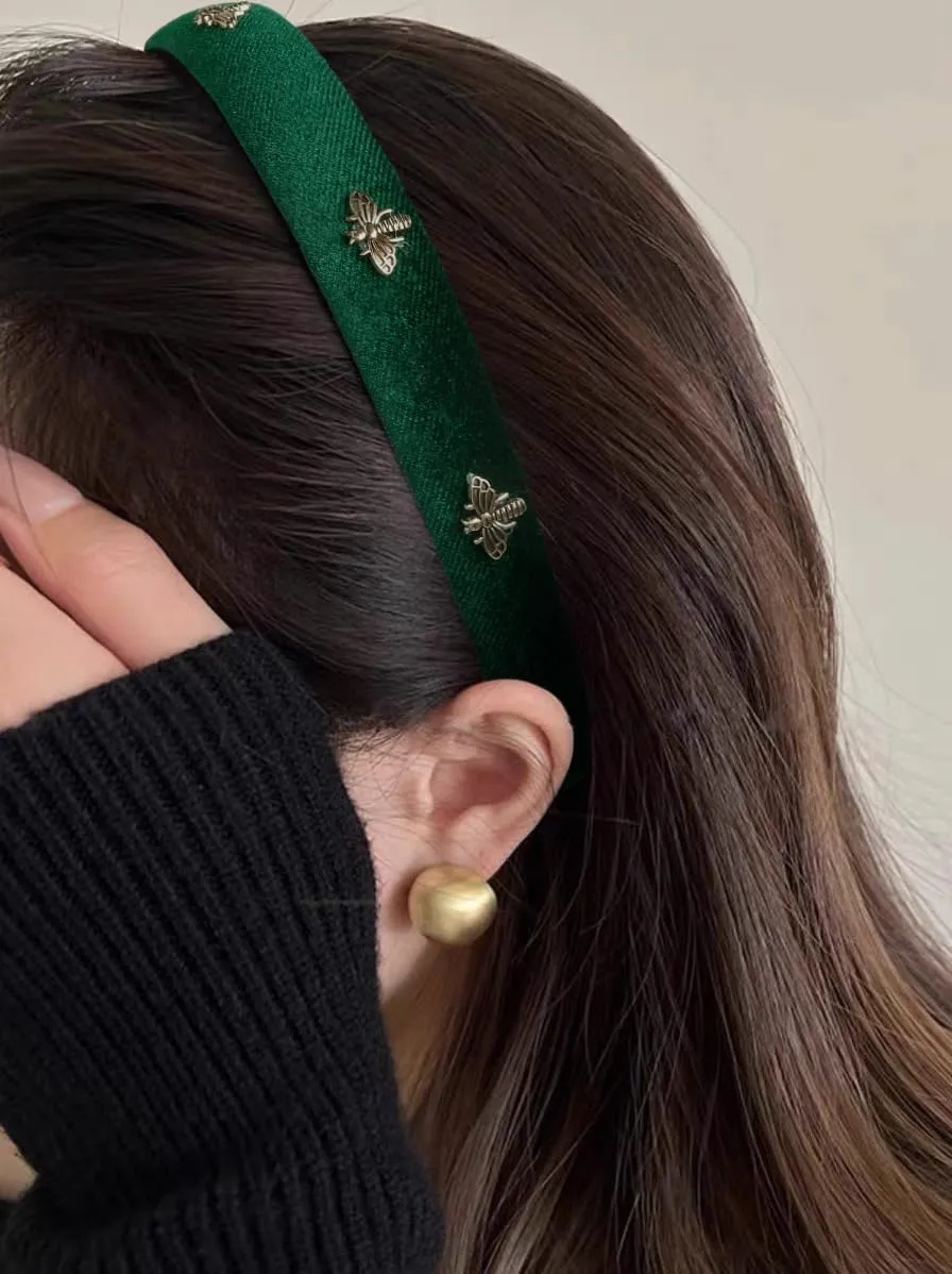 TERSE Green Velvet Headband - White Pearl Designer Headband for Women's Fashion & Holiday Hair Accessories