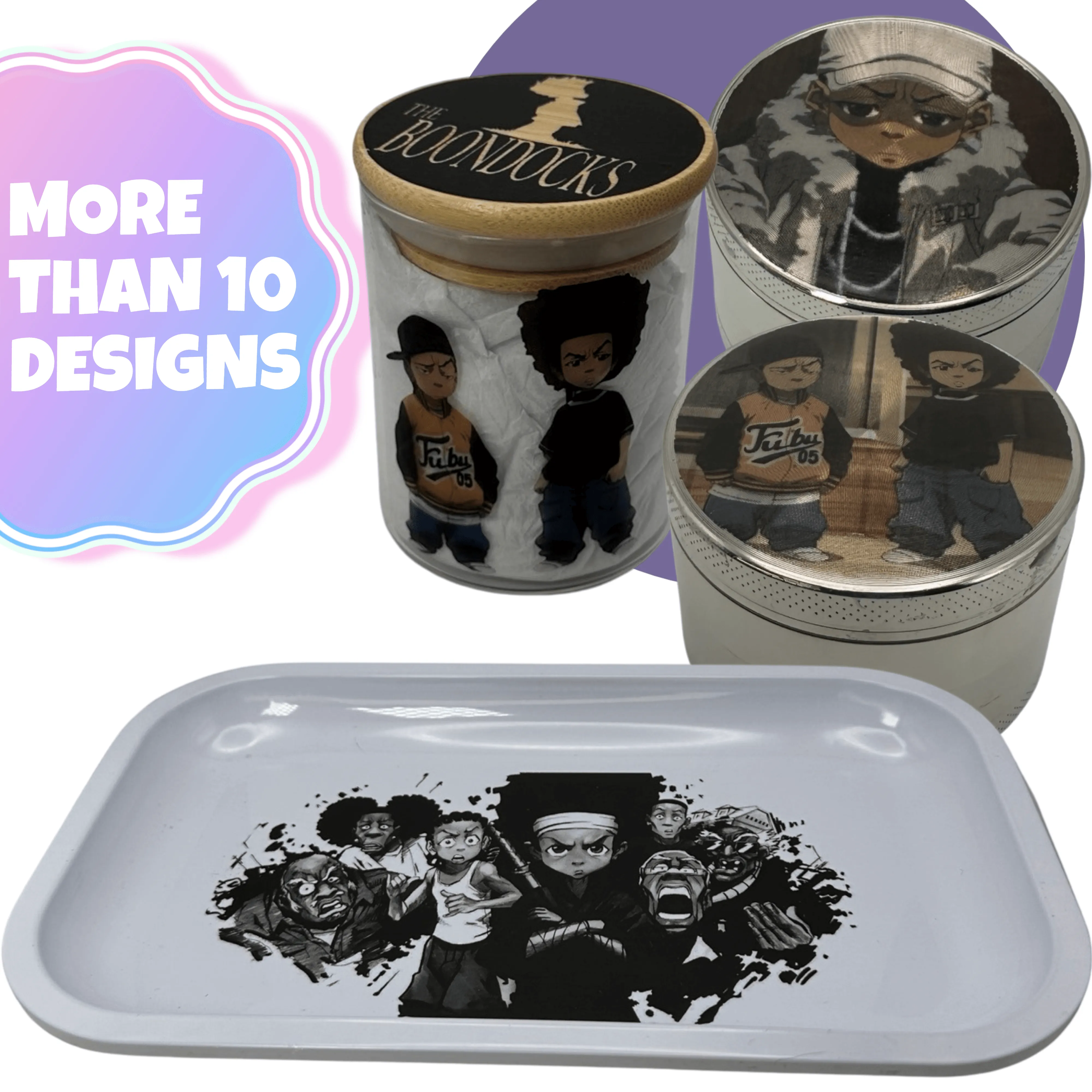 The Boondocks Cartoon Herb Grinder, Stash Jar, Rolling Tray Set