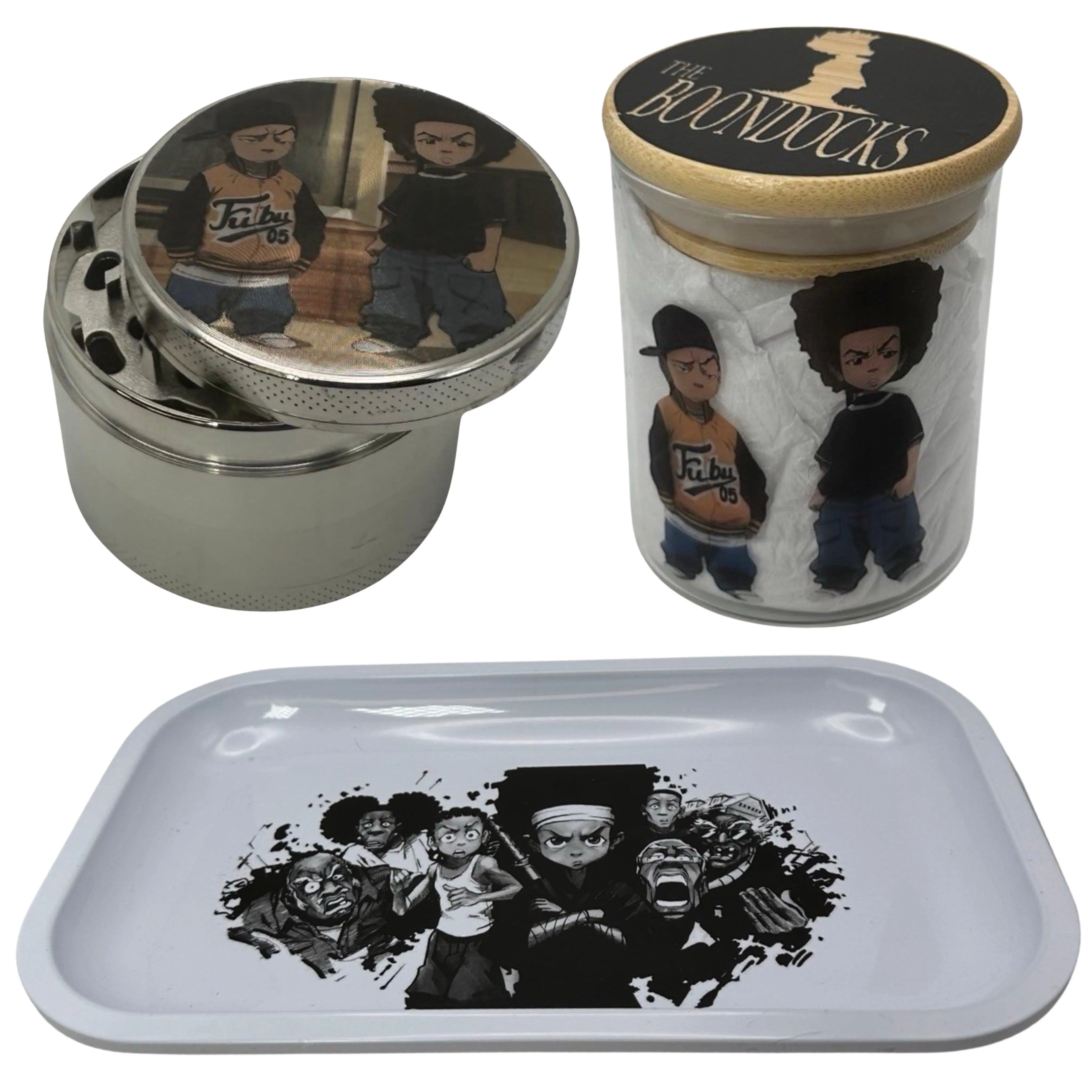 The Boondocks Cartoon Herb Grinder, Stash Jar, Rolling Tray Set