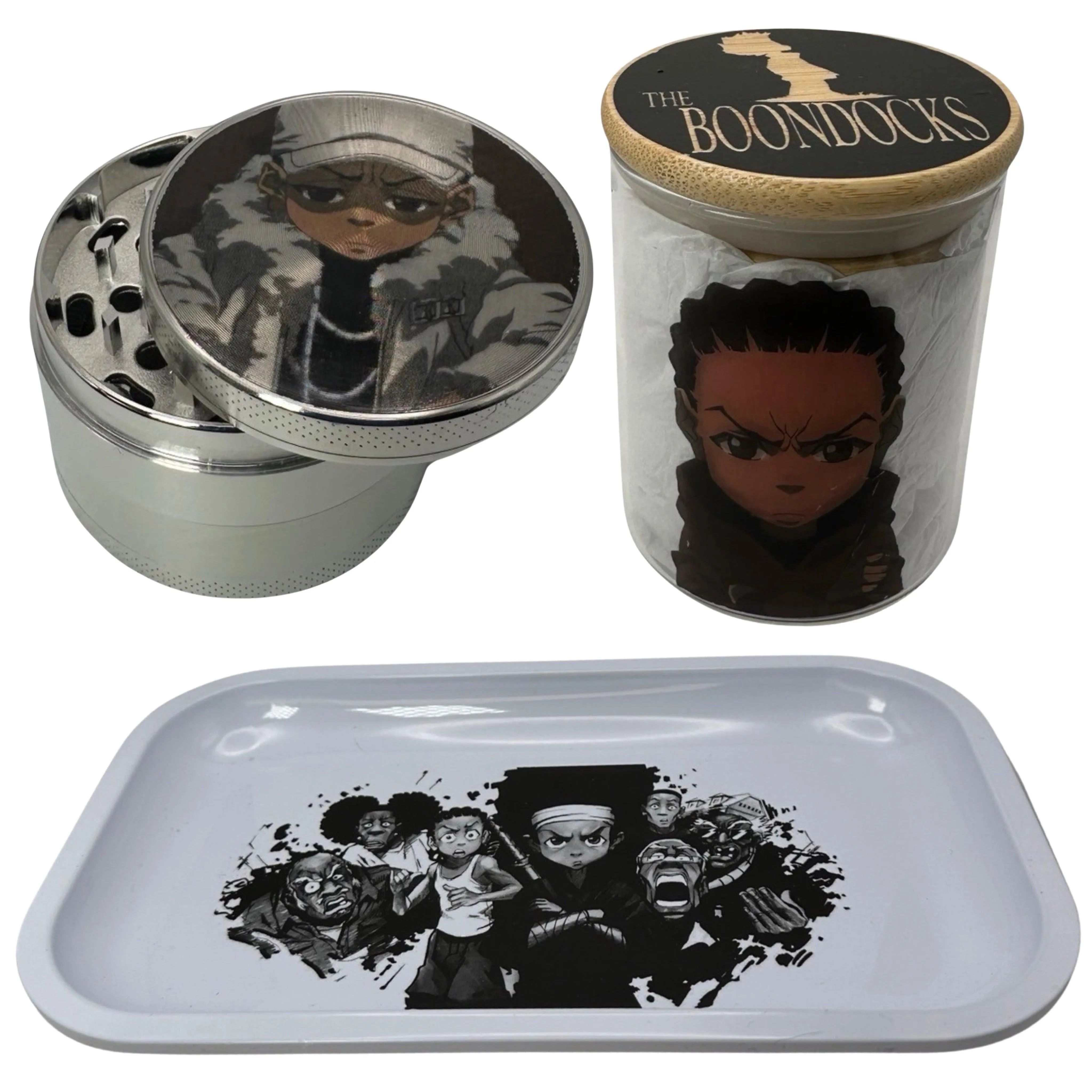 The Boondocks Cartoon Herb Grinder, Stash Jar, Rolling Tray Set