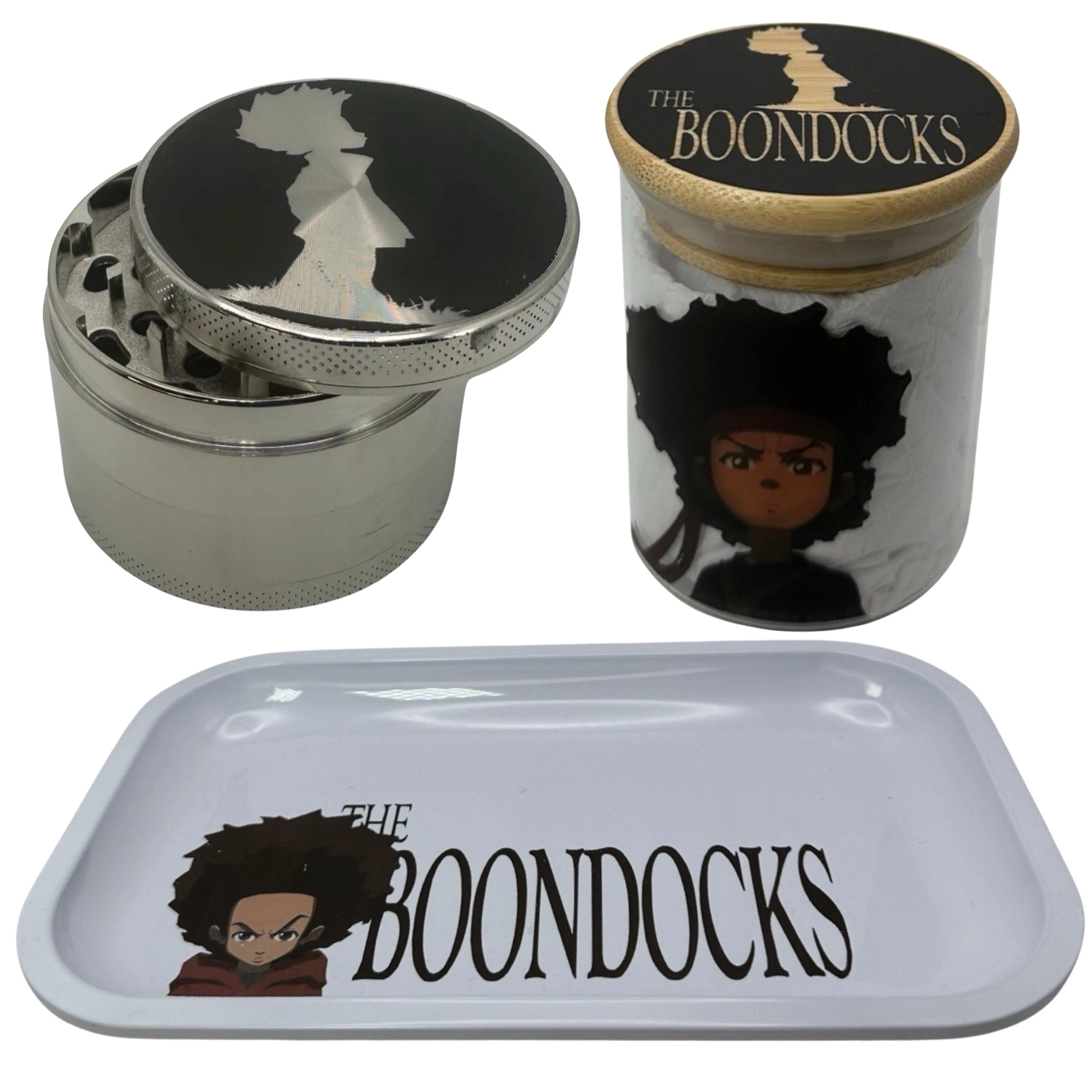 The Boondocks Cartoon Herb Grinder, Stash Jar, Rolling Tray Set