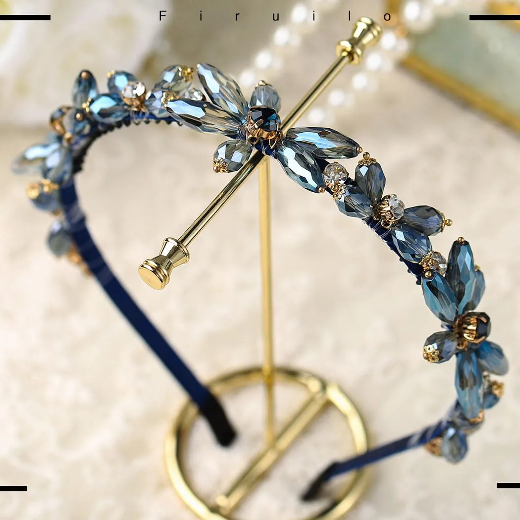 Thin Rhinestones Headband Blue Crystal Hair Bands Sparkle Beaded Head Bands for Women(Blue)