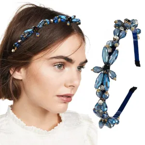 Thin Rhinestones Headband Blue Crystal Hair Bands Sparkle Beaded Head Bands for Women(Blue)