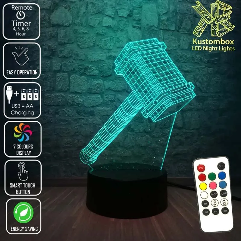 Thor Hammer Ragnarok 3D LED Night Light Bedroom Lamp
