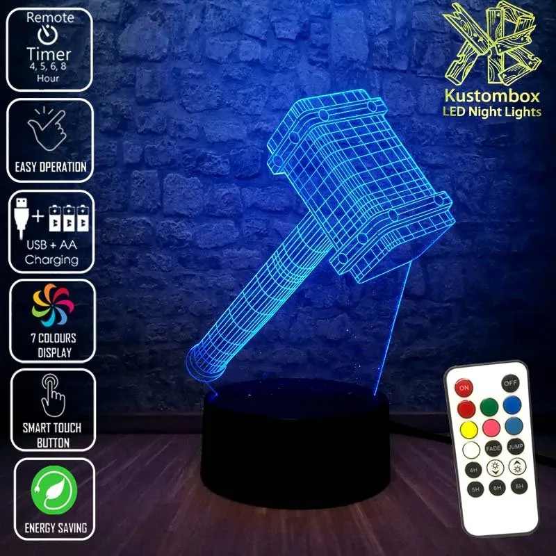Thor Hammer Ragnarok 3D LED Night Light Bedroom Lamp