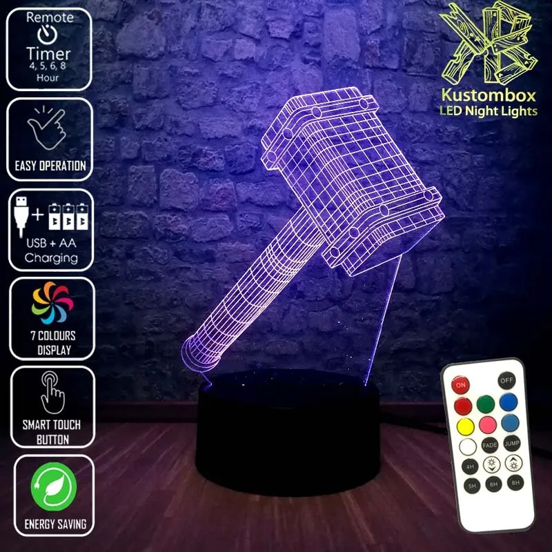 Thor Hammer Ragnarok 3D LED Night Light Bedroom Lamp
