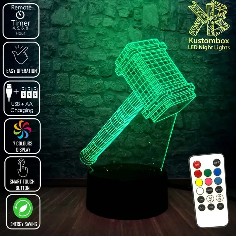 Thor Hammer Ragnarok 3D LED Night Light Bedroom Lamp