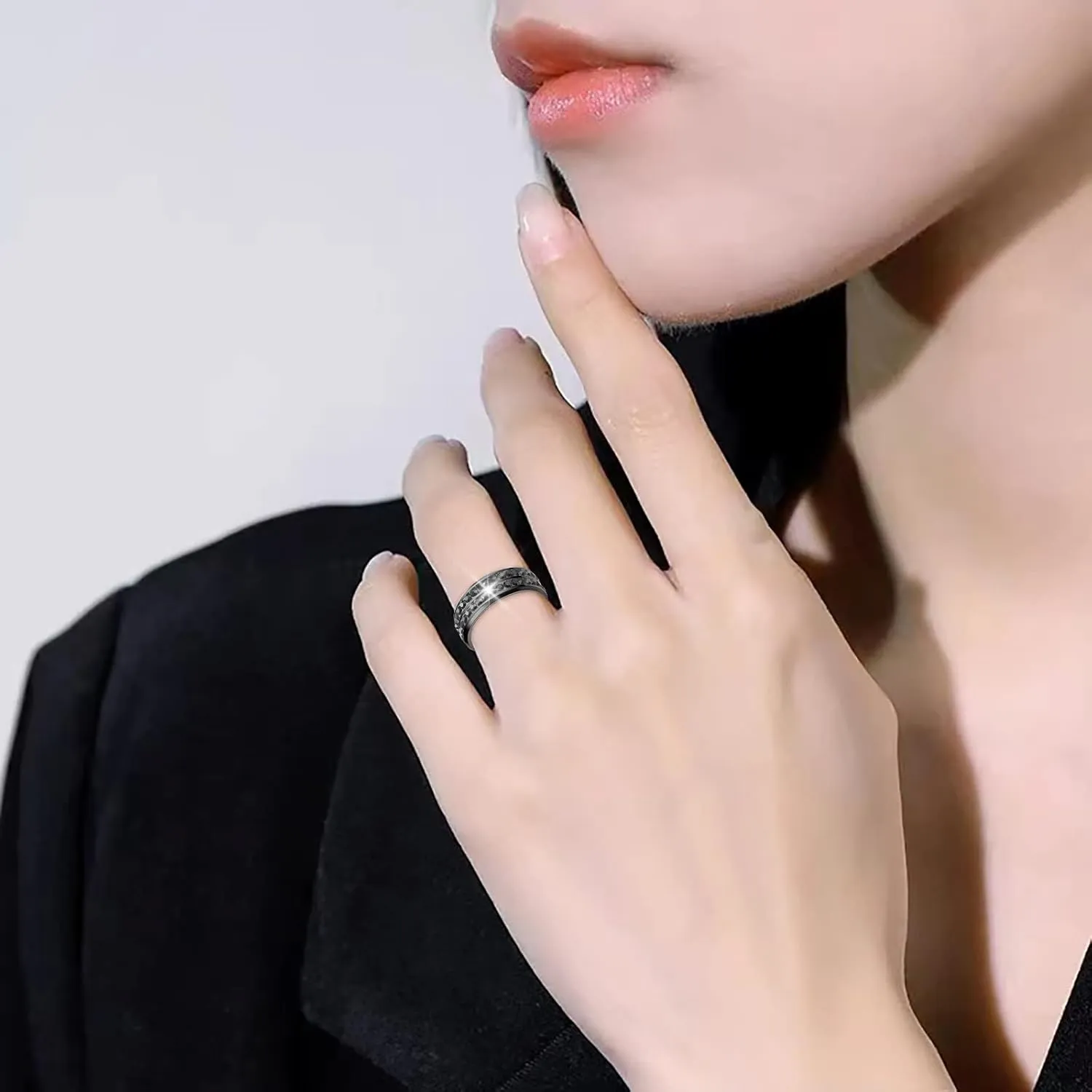 Titanium Steel Inlaid Zircon Ring for Women and Men Minimalist Design Couple Ring Statement Rings (Black, 10)