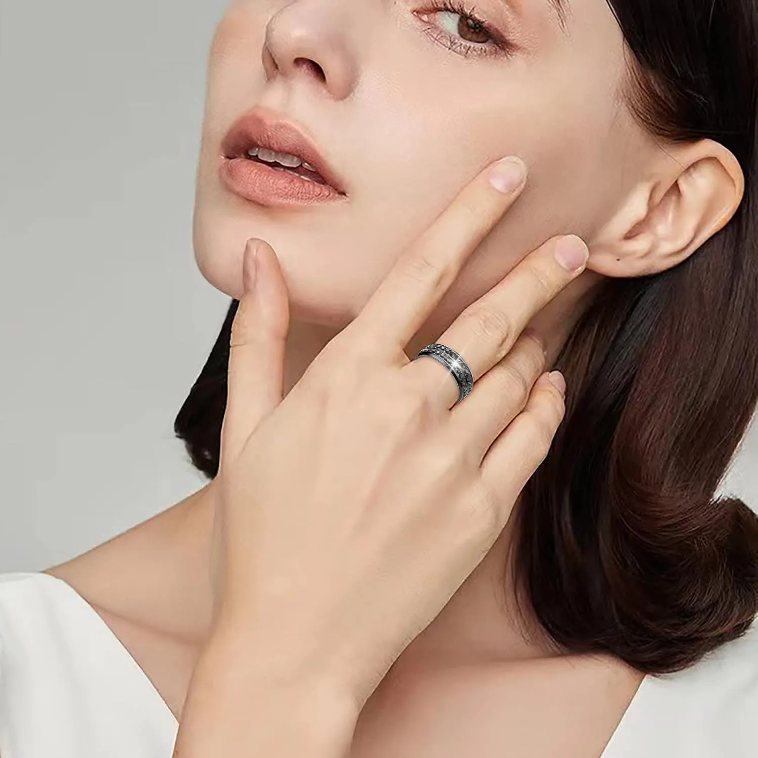 Titanium Steel Inlaid Zircon Ring for Women and Men Minimalist Design Couple Ring Statement Rings (Black, 10)