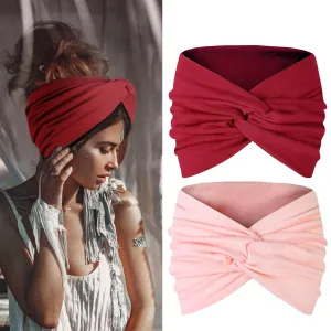 Tobeffect Wide Headbands for Women, 2 Pcs 7'' Extra Large Turban Headband Boho Stretchy Hairband Twisted Knot Cloth Hair Accessories