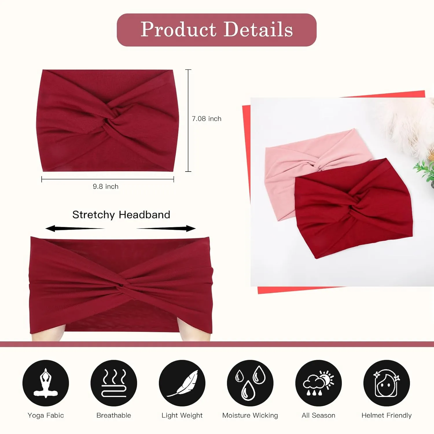 Tobeffect Wide Headbands for Women, 2 Pcs 7'' Extra Large Turban Headband Boho Stretchy Hairband Twisted Knot Cloth Hair Accessories