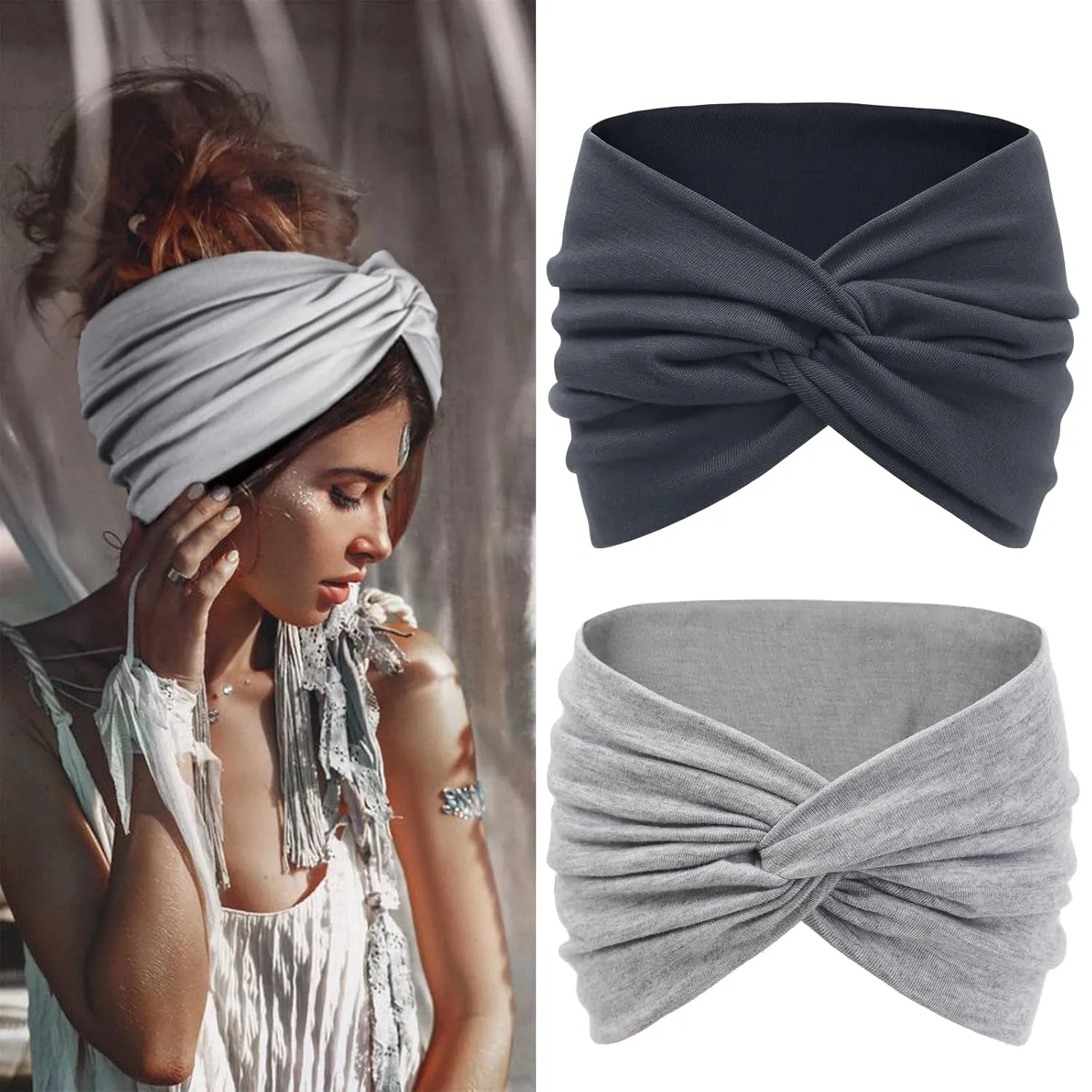 Tobeffect Wide Headbands for Women, 7'' Extra Large Turban Headband Boho Stretchy Turban Hairband Twisted Knot Cloth Hair Accessories, 2 Pack