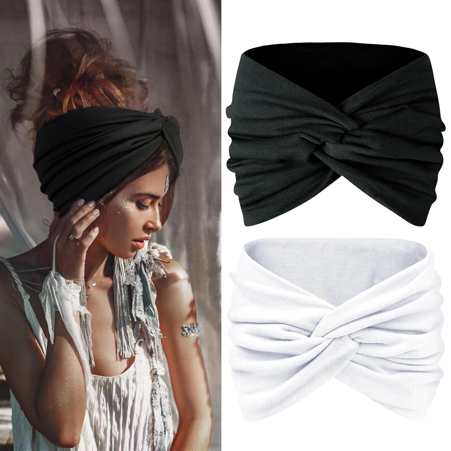 Tobeffect Wide Turban Headbands for Women, 7'' Extra Large Headband Boho Stretchy Hairband Twisted Knot Cloth Hair Accessories, 2 Pack