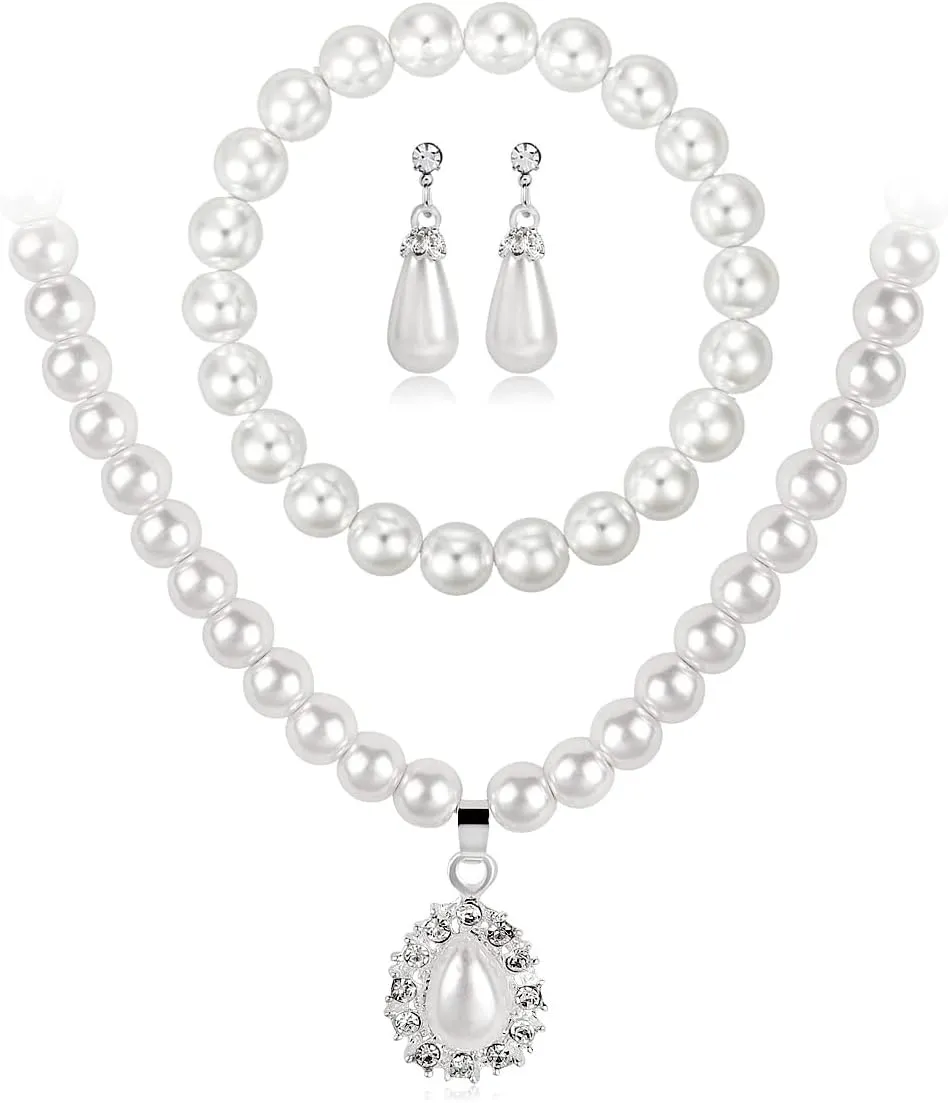 Todenb Bridal Jewelry Set for Wedding,Bride Crystal Pearl Necklace Earrings Set Fashion Pearl Necklace Bracelet Earrings Set Prom Costume Jewelry Set for Brides Bridesmaid