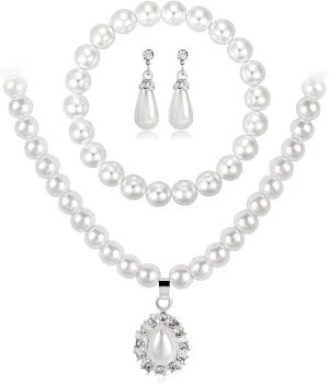 Todenb Bridal Jewelry Set for Wedding,Bride Crystal Pearl Necklace Earrings Set Fashion Pearl Necklace Bracelet Earrings Set Prom Costume Jewelry Set for Brides Bridesmaid