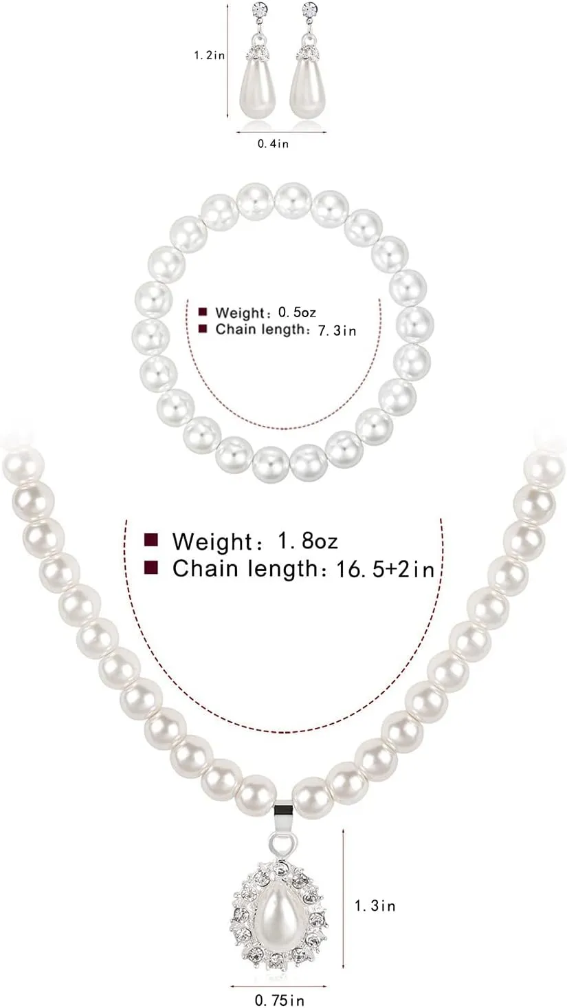 Todenb Bridal Jewelry Set for Wedding,Bride Crystal Pearl Necklace Earrings Set Fashion Pearl Necklace Bracelet Earrings Set Prom Costume Jewelry Set for Brides Bridesmaid