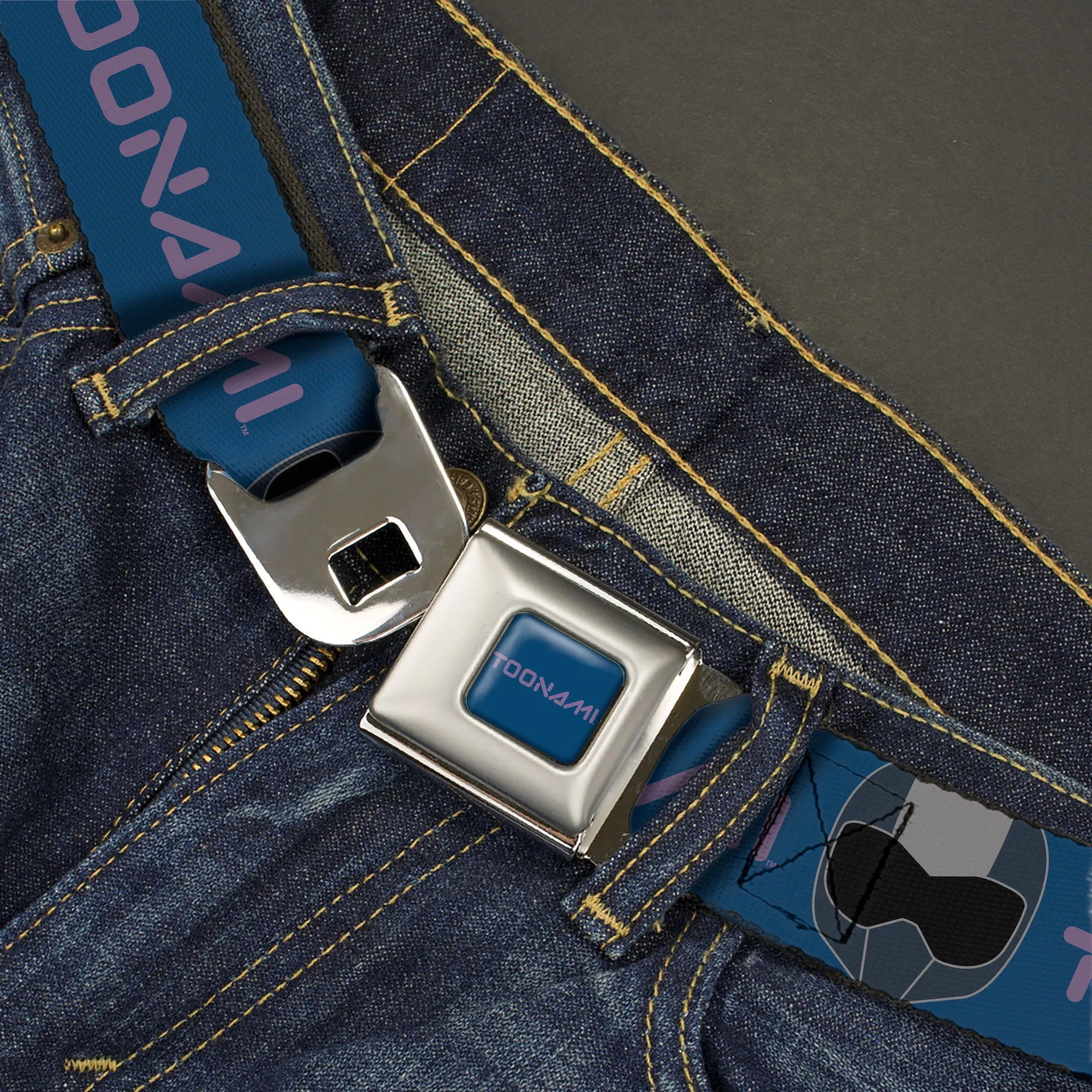 TOONAMI Title Logo Full Color Blue/Purple Seatbelt Belt - TOONAMI Title Logo and Robot TOM Head Blue/Purple/Grays Webbing