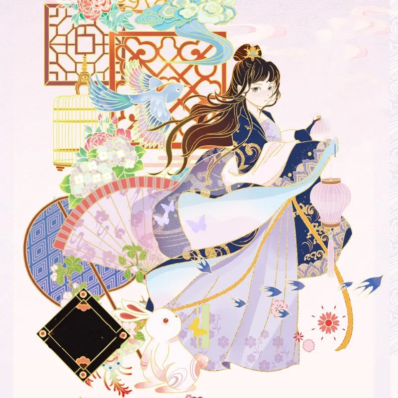 Traditional Ancient Chinese Style Cartoon Girl Collage Decorative Tape