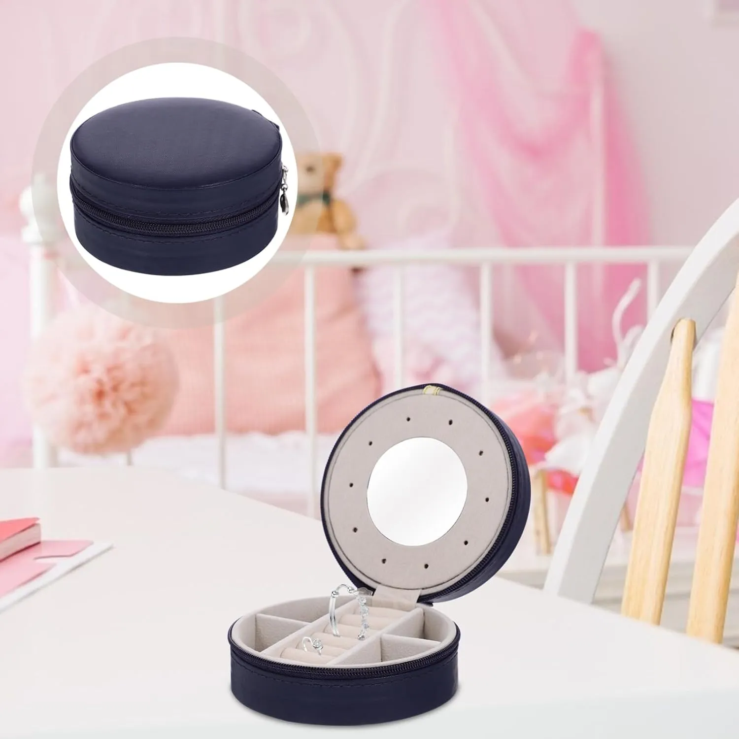 Travel Velvet Jewelry Box, Small Jewelry Organizer with Mirror Portable Rings Case Mini Case for Women Girls Rings Earrings Necklaces Bracelet Blue