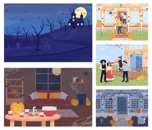 Trick or treat on Halloween flat color vector illustration set