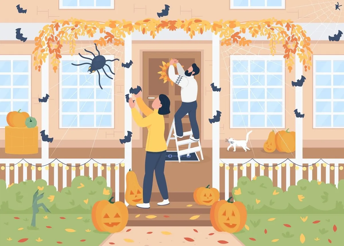 Trick or treat on Halloween flat color vector illustration set