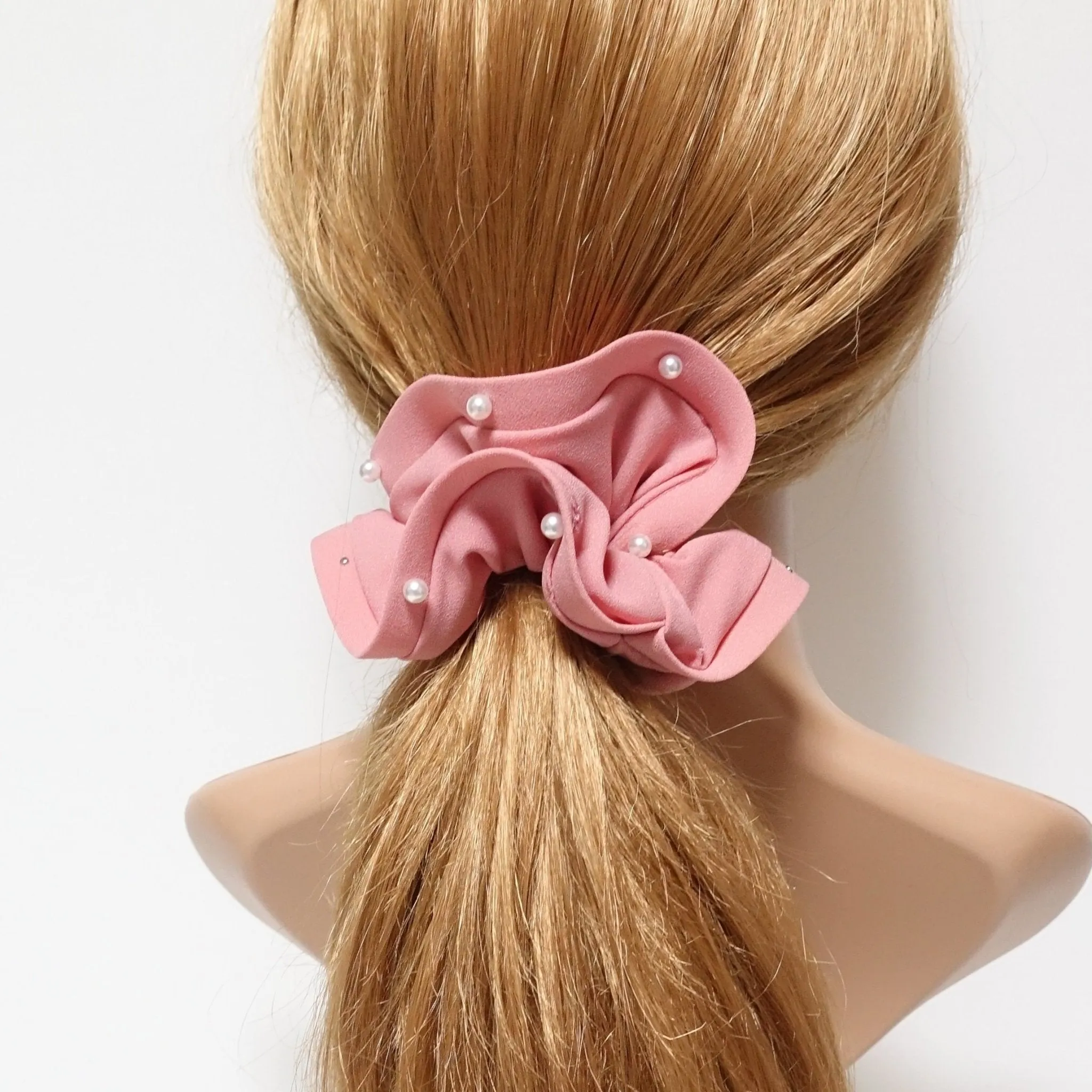 trim pearl stud decorated chiffon scrunchy solid hair elastic scrunchies