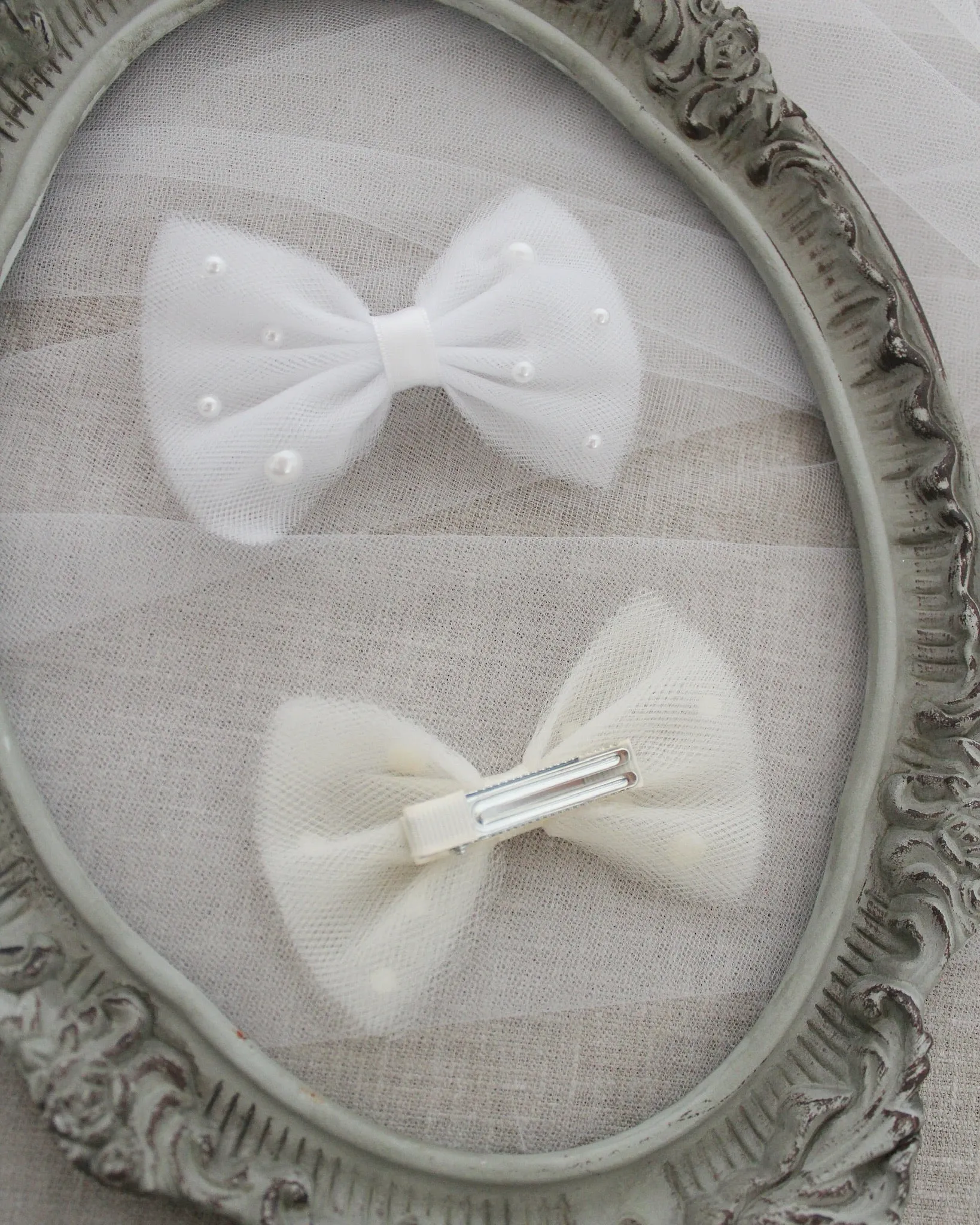 Tuxedo Tulle Bow Hair Clip or Shoe Clips with Scattered Pearls
