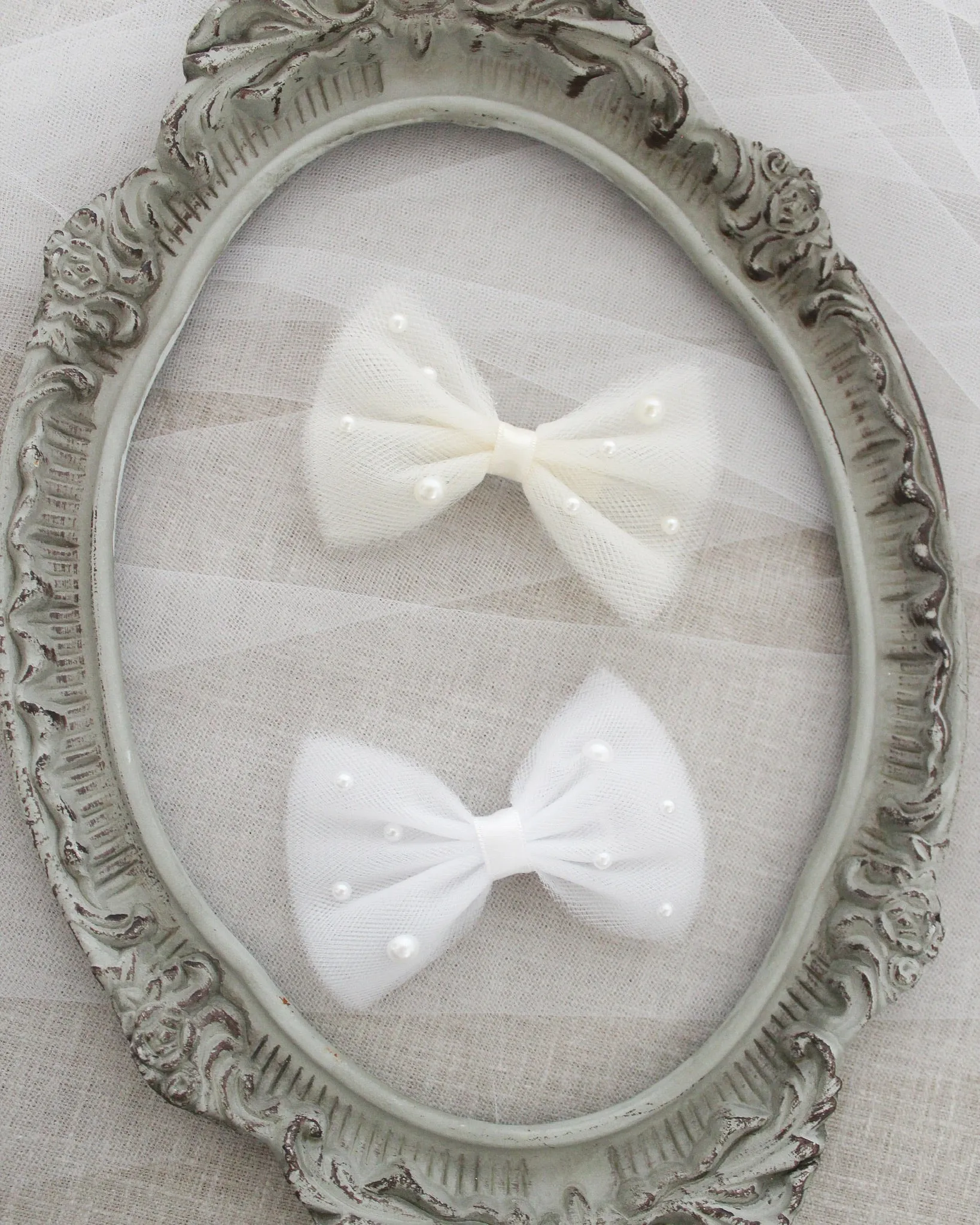 Tuxedo Tulle Bow Hair Clip or Shoe Clips with Scattered Pearls