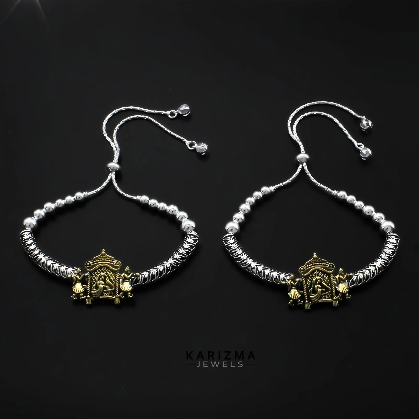 Two Tone Real Sterling Silver women Oxidized wedding Anklet Pair