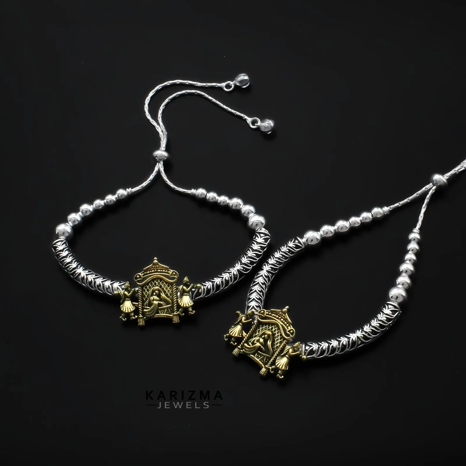Two Tone Real Sterling Silver women Oxidized wedding Anklet Pair