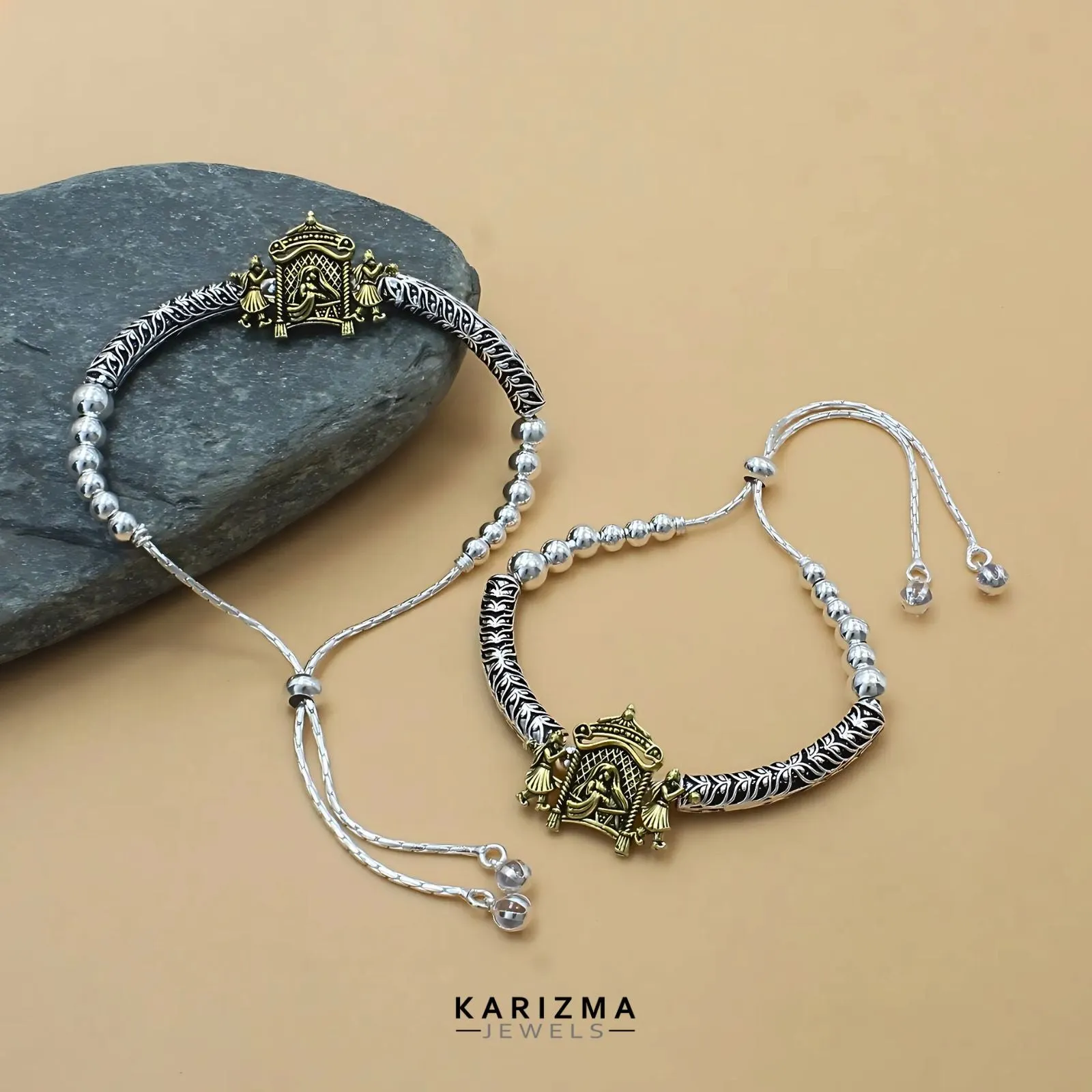 Two Tone Real Sterling Silver women Oxidized wedding Anklet Pair