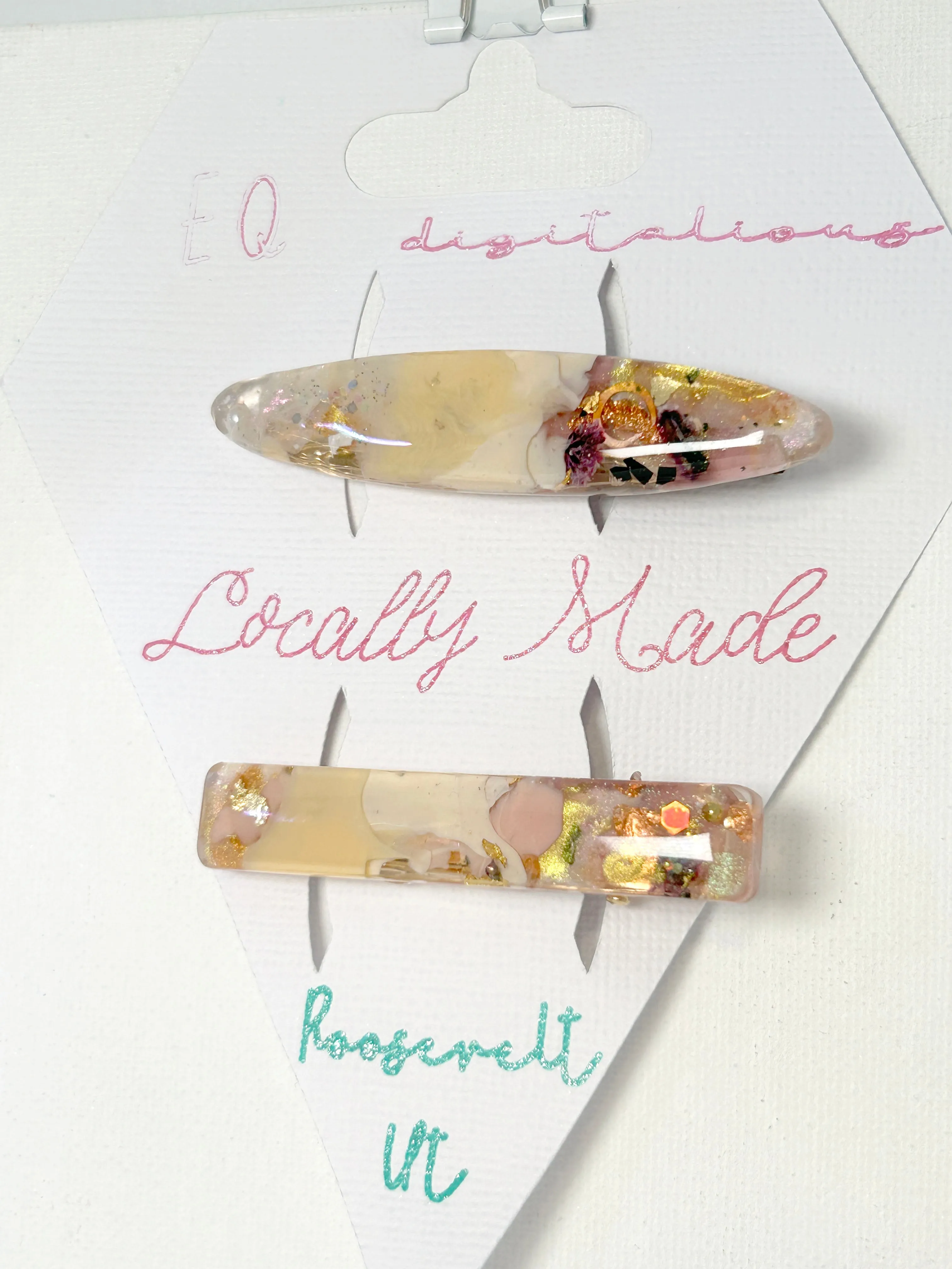 Two UV Resin Hair Barrettes Handcrafted, Cream base Iridescent, Gold color alligator clasp. Unique, Multilayered Design with Shimmering Hues