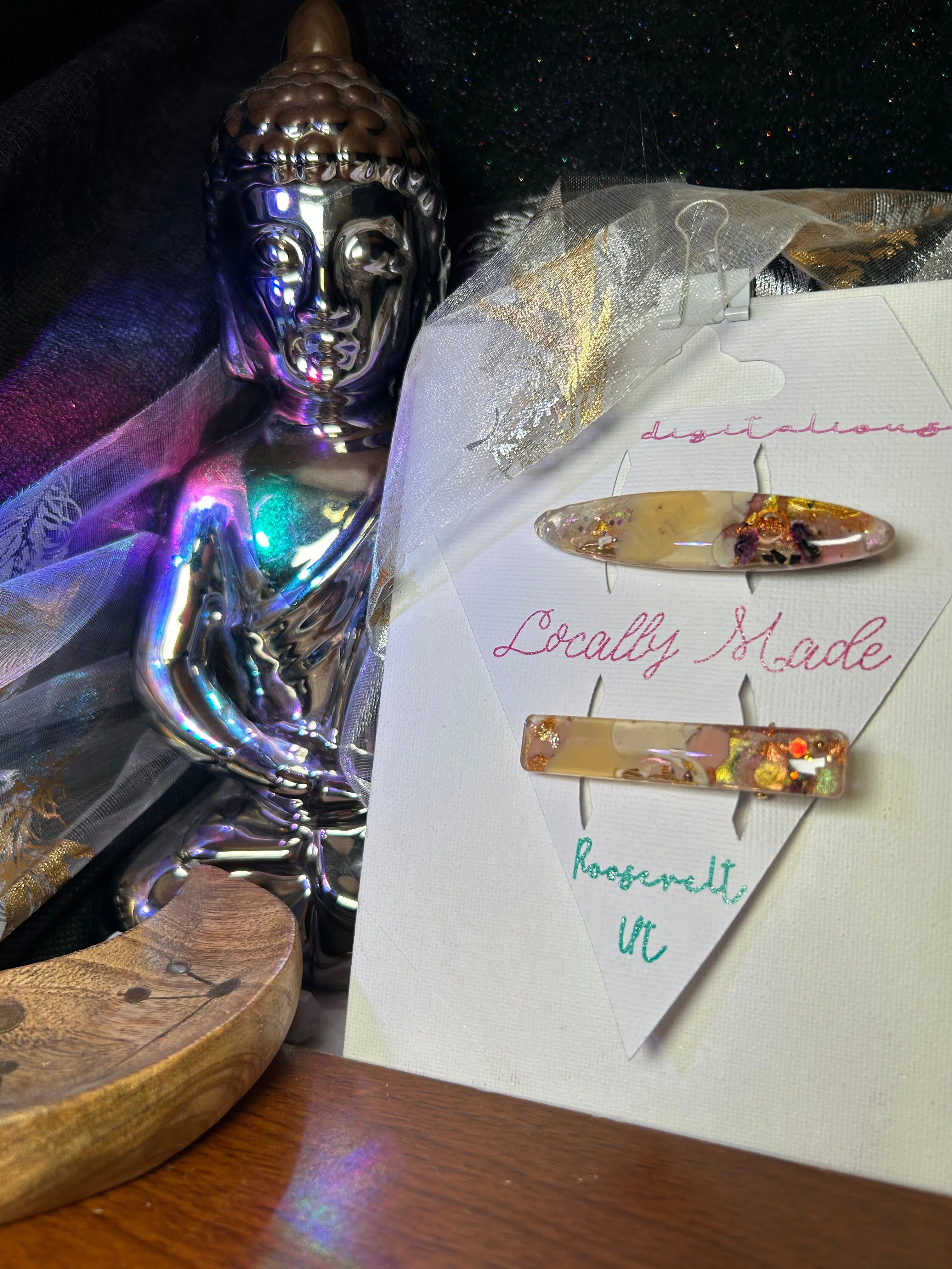 Two UV Resin Hair Barrettes Handcrafted, Cream base Iridescent, Gold color alligator clasp. Unique, Multilayered Design with Shimmering Hues