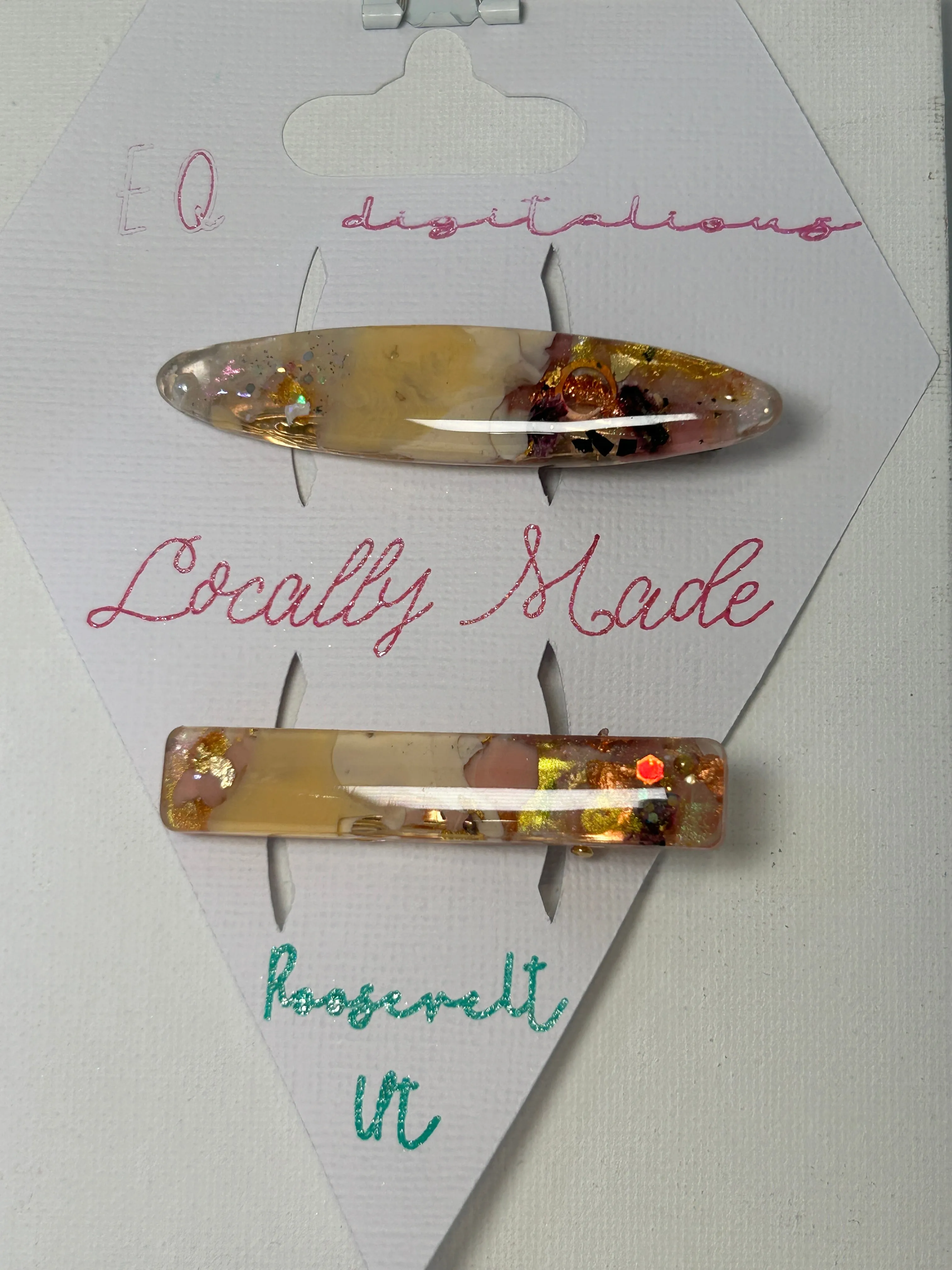 Two UV Resin Hair Barrettes Handcrafted, Cream base Iridescent, Gold color alligator clasp. Unique, Multilayered Design with Shimmering Hues