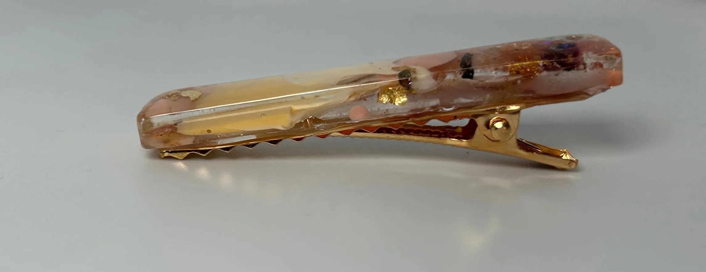 Two UV Resin Hair Barrettes Handcrafted, Cream base Iridescent, Gold color alligator clasp. Unique, Multilayered Design with Shimmering Hues