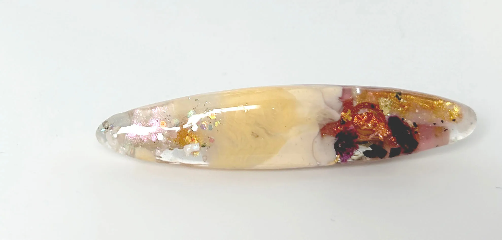 Two UV Resin Hair Barrettes Handcrafted, Cream base Iridescent, Gold color alligator clasp. Unique, Multilayered Design with Shimmering Hues