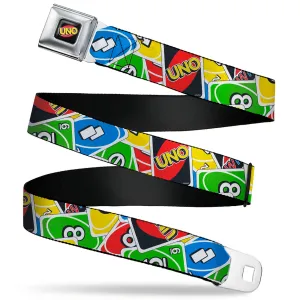 UNO Game Logo Full Color Black/Red/Yellow Seatbelt Belt - UNO Cards Stacked Collage Multi Color Webbing