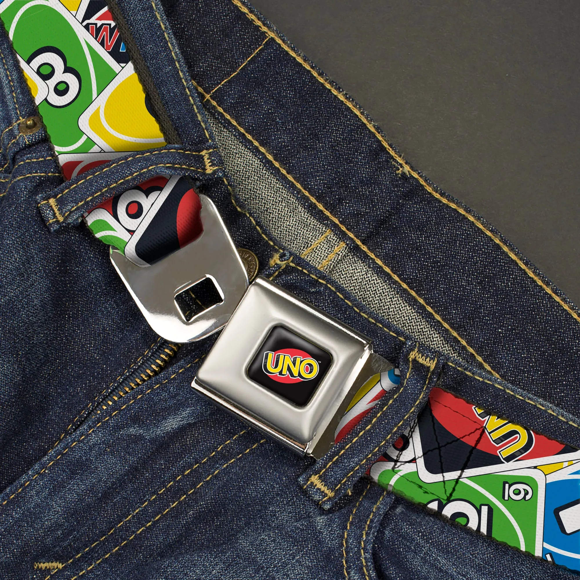 UNO Game Logo Full Color Black/Red/Yellow Seatbelt Belt - UNO Cards Stacked Collage Multi Color Webbing