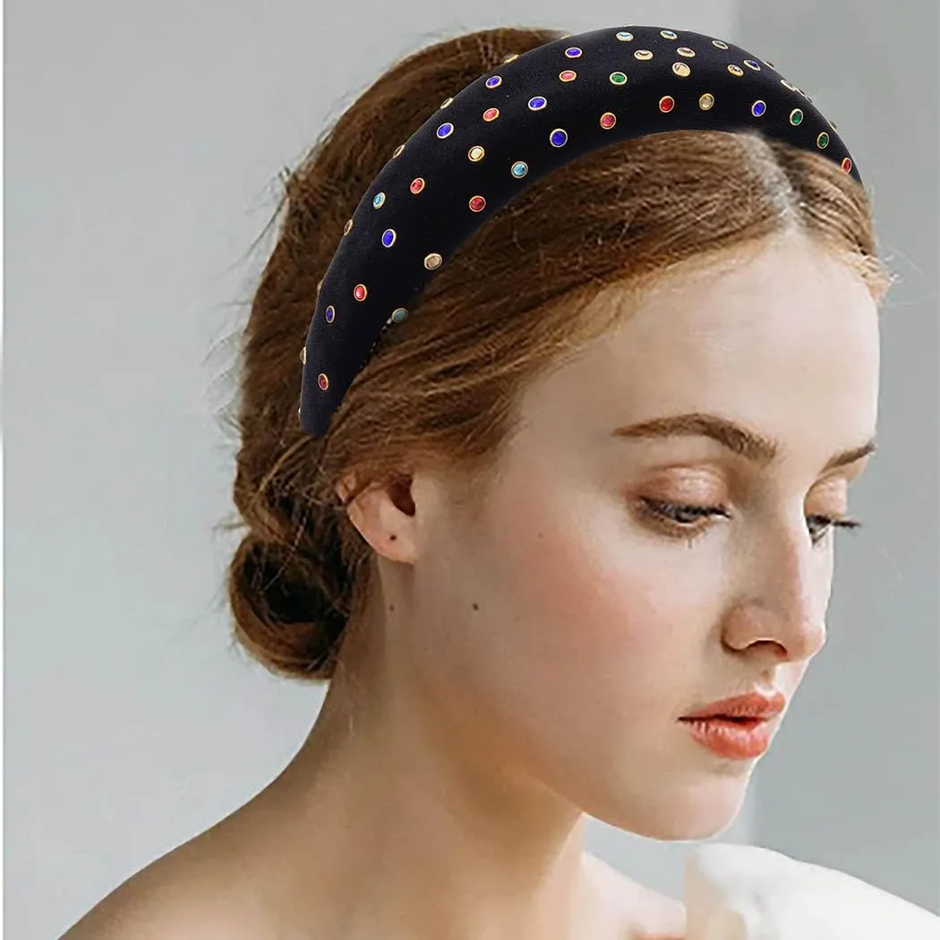 Velvet Headband Bead Headbands Vintage Thick Hair Bands Velour Hair Bands for Women and Girls (black)