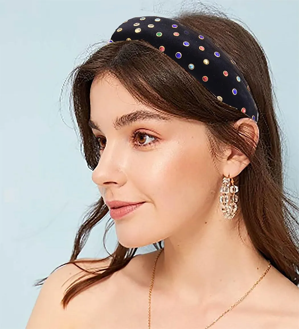 Velvet Headband Bead Headbands Vintage Thick Hair Bands Velour Hair Bands for Women and Girls (black)