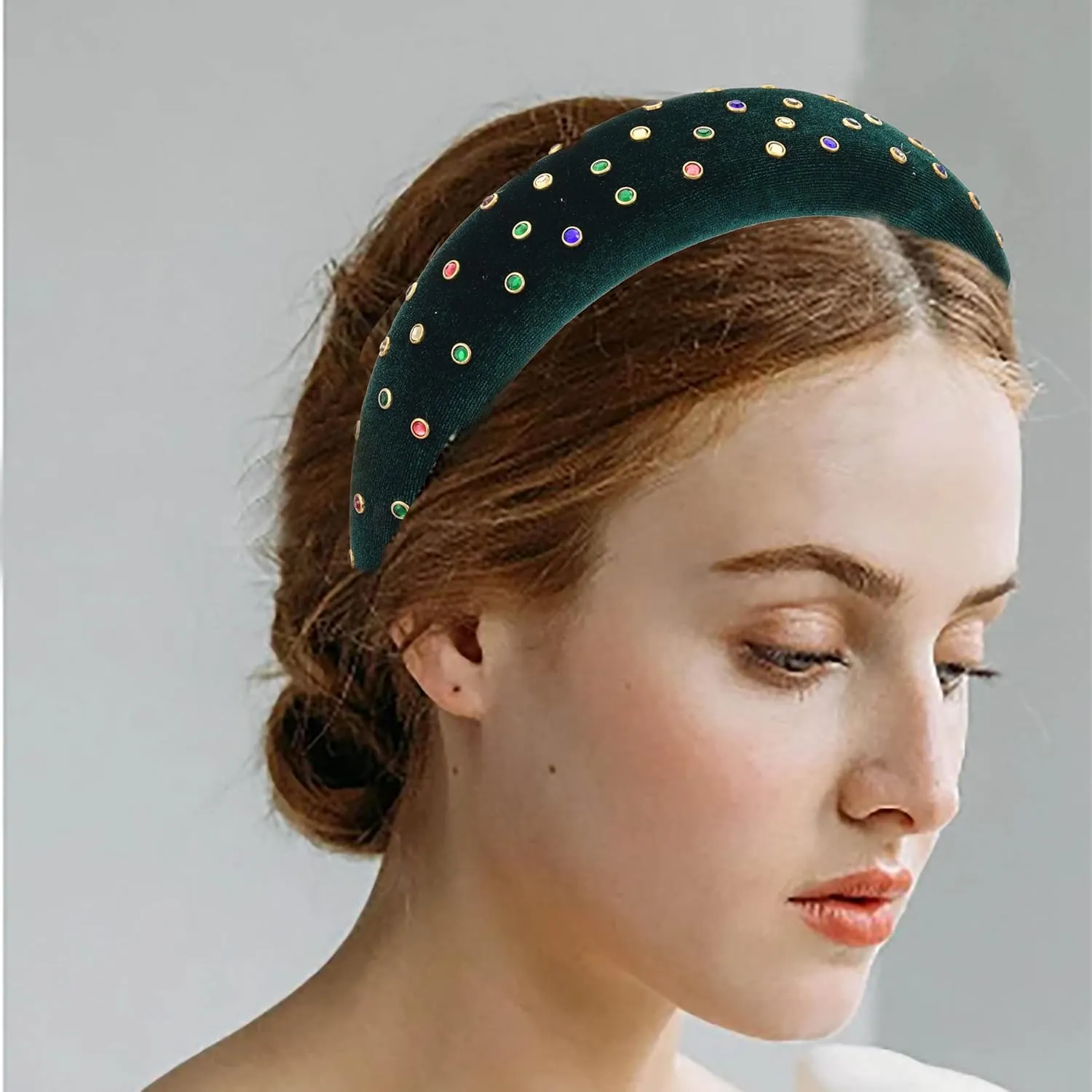 Velvet Headband Bead Headbands Vintage Thick Hair Bands Velour Hair Bands for Women and Girls (green)