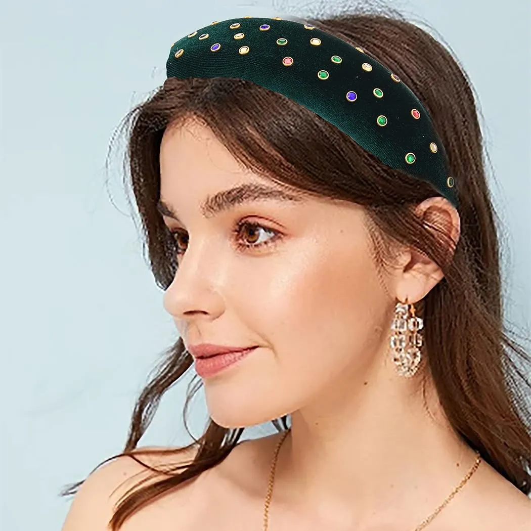 Velvet Headband Bead Headbands Vintage Thick Hair Bands Velour Hair Bands for Women and Girls (green)