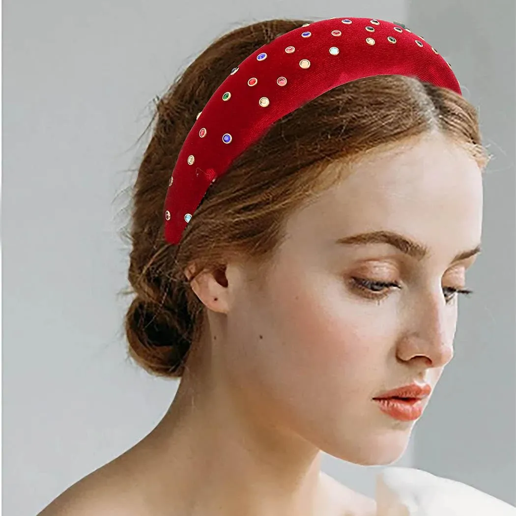 Velvet Headband Bead Headbands Vintage Thick Hair Bands Velour Hair Bands for Women and Girls (red)