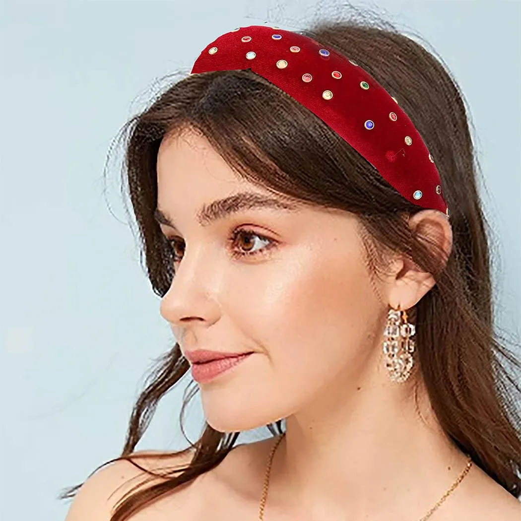 Velvet Headband Bead Headbands Vintage Thick Hair Bands Velour Hair Bands for Women and Girls (red)