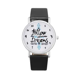 Vico 2018 New Fashion Women Watch Follow Dreams Words Pattern PU Leather Quartz Analog Wrist Watches