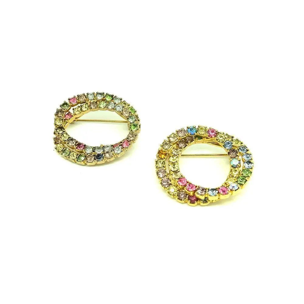 Vintage 1950s Multicoloured Diamante Circle Brooch Set