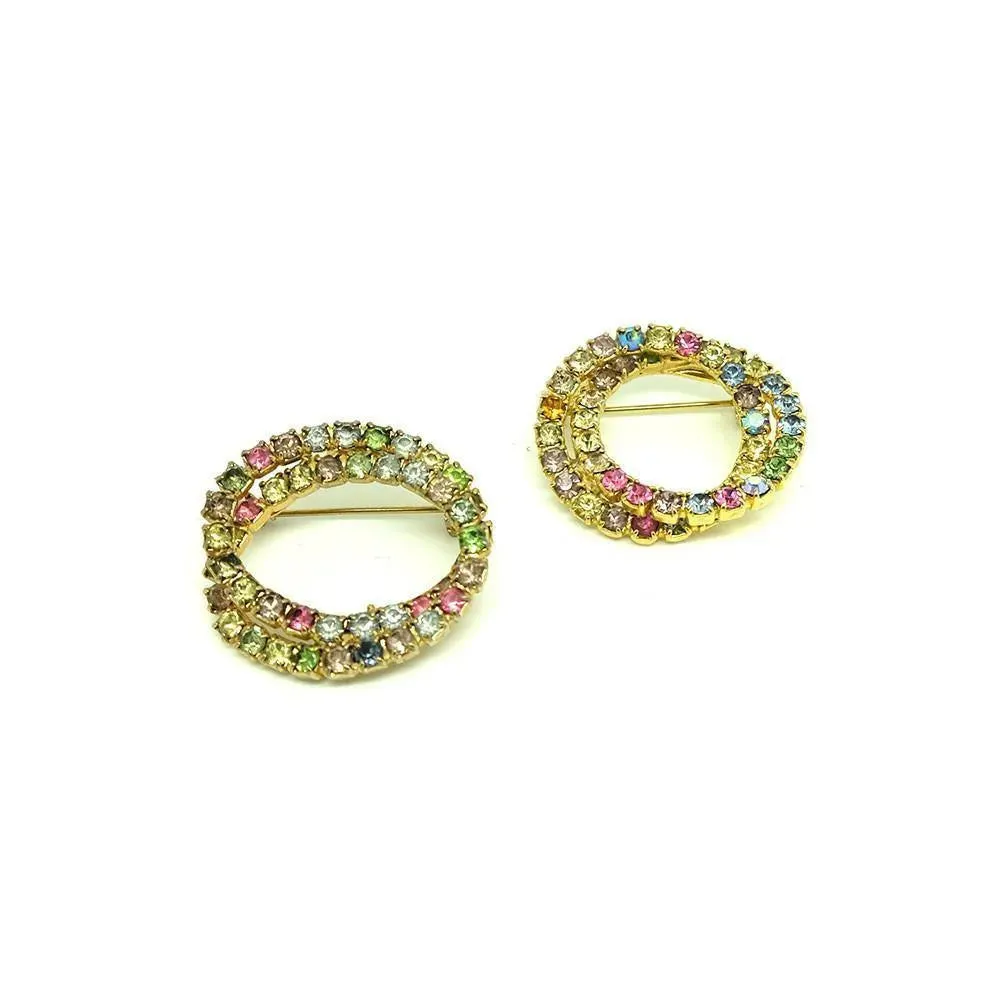 Vintage 1950s Multicoloured Diamante Circle Brooch Set