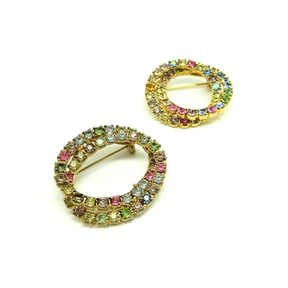 Vintage 1950s Multicoloured Diamante Circle Brooch Set